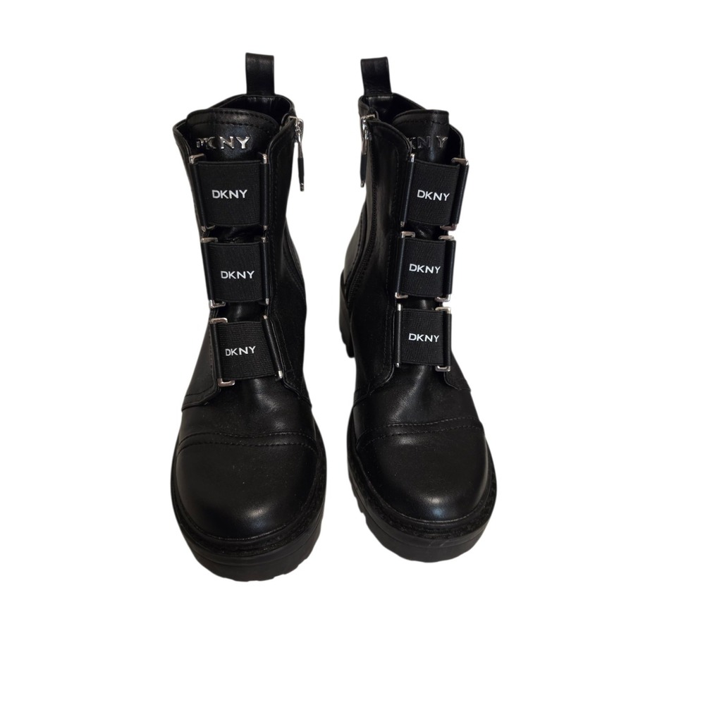 DKNY Women's Size 7 Black Ankle Boots Lug Y2K Silver Logo